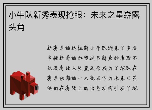 小牛队新秀表现抢眼：未来之星崭露头角
